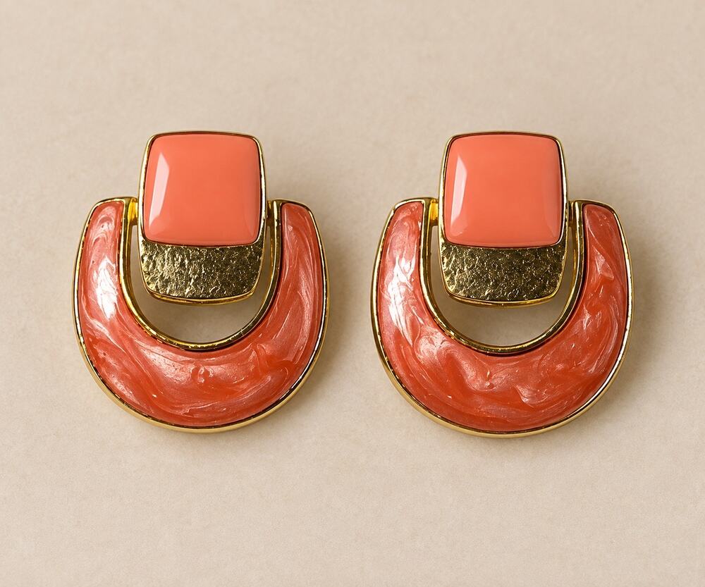 Vintage gold tone and coral enamel statement earrings